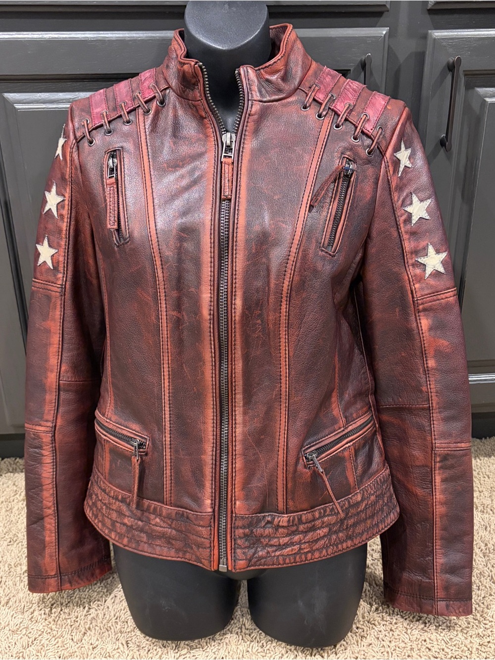 Black Rivet Lea Jacket Women’s S Burgundy Motorcycle Biker Stars Zip Pockets